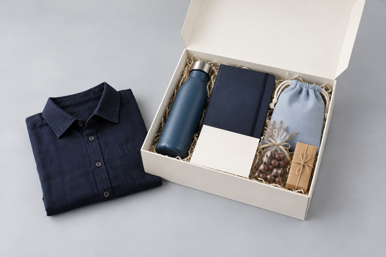 Illustrative welcome gift box with a cobalt flask, notebook, pouch, treats and navy shirt